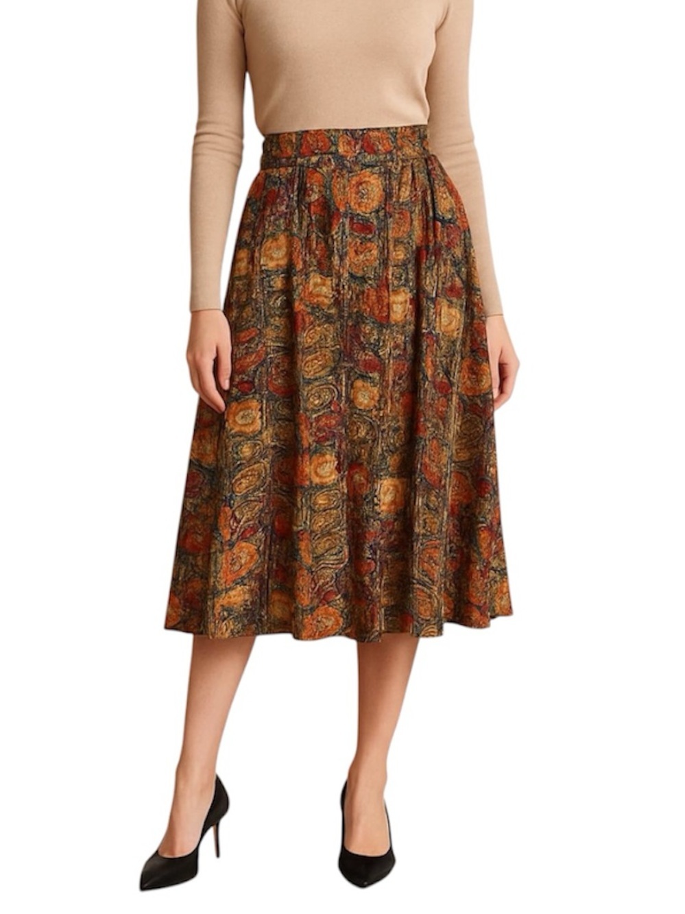Vintage 100% Silk Patchwork Floral Multi Colour Boho Midi Skirt Sz M